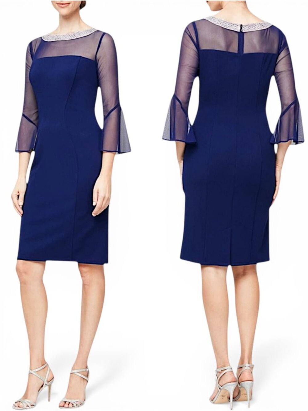 Alex Evenings Electric Blue Beaded Illusion Bell Sleeve Rhinestone Dress NWT 16